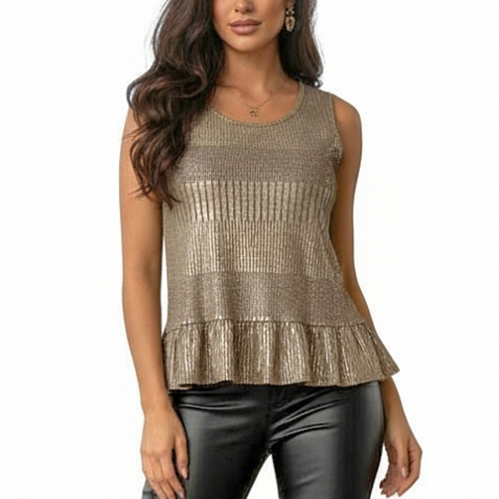 3/$20 Emi & Joe Peplum Ruffle Gold Top Womens Size PL Petite Large Sleeveless